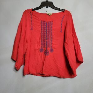 Womens Red Embroidered Blouse Top Tunic Boho Peasant Style Festival Global MED